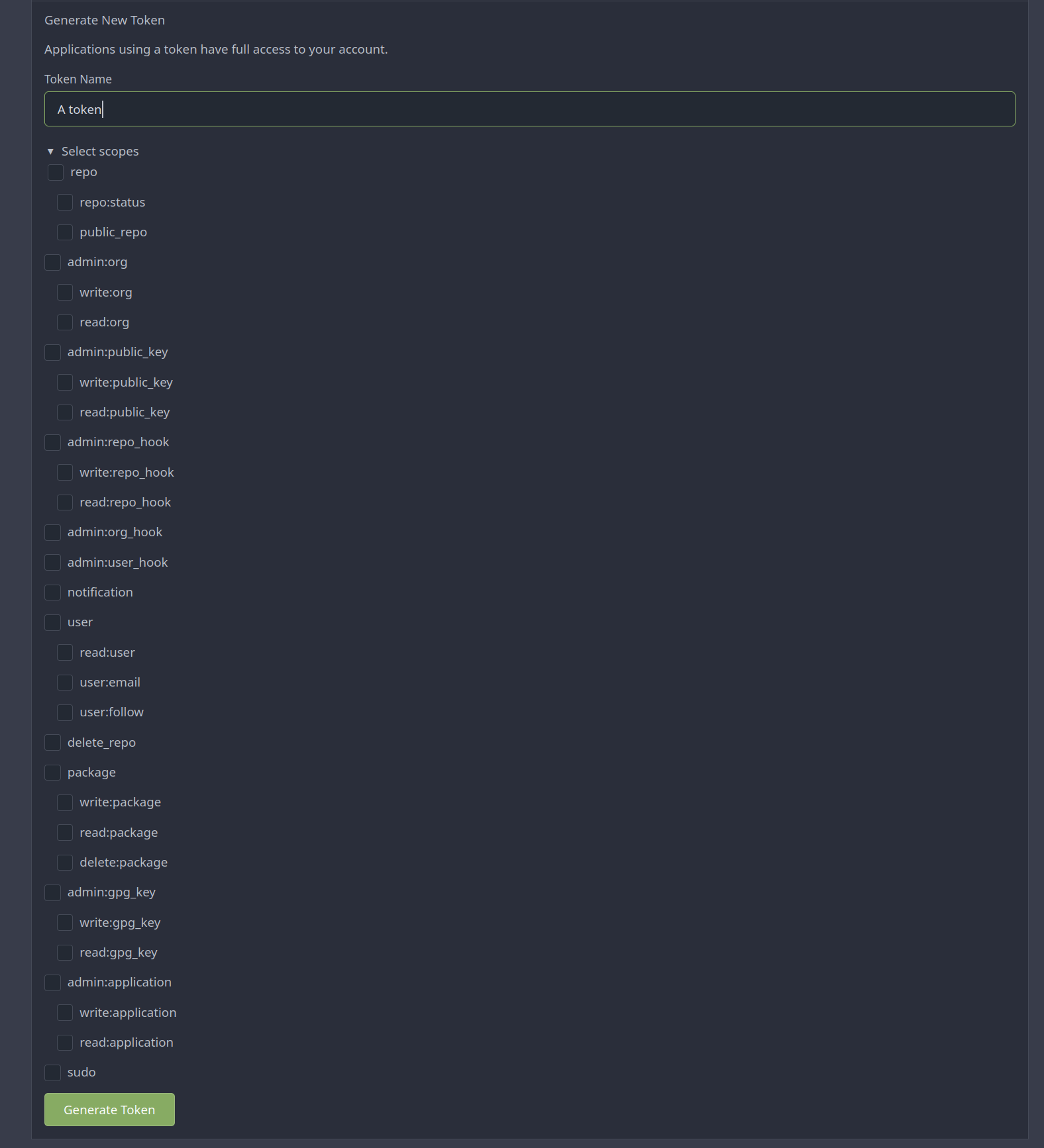 dialogue to select the permissions of an access token