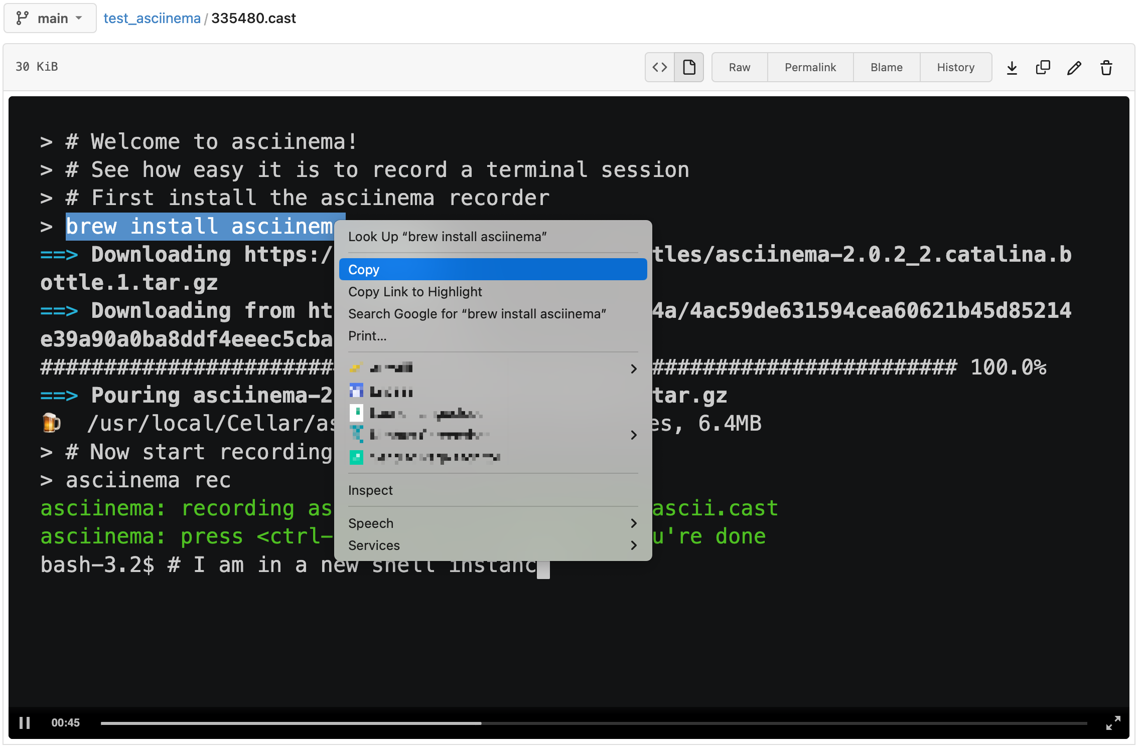 asciicast select text inside the video