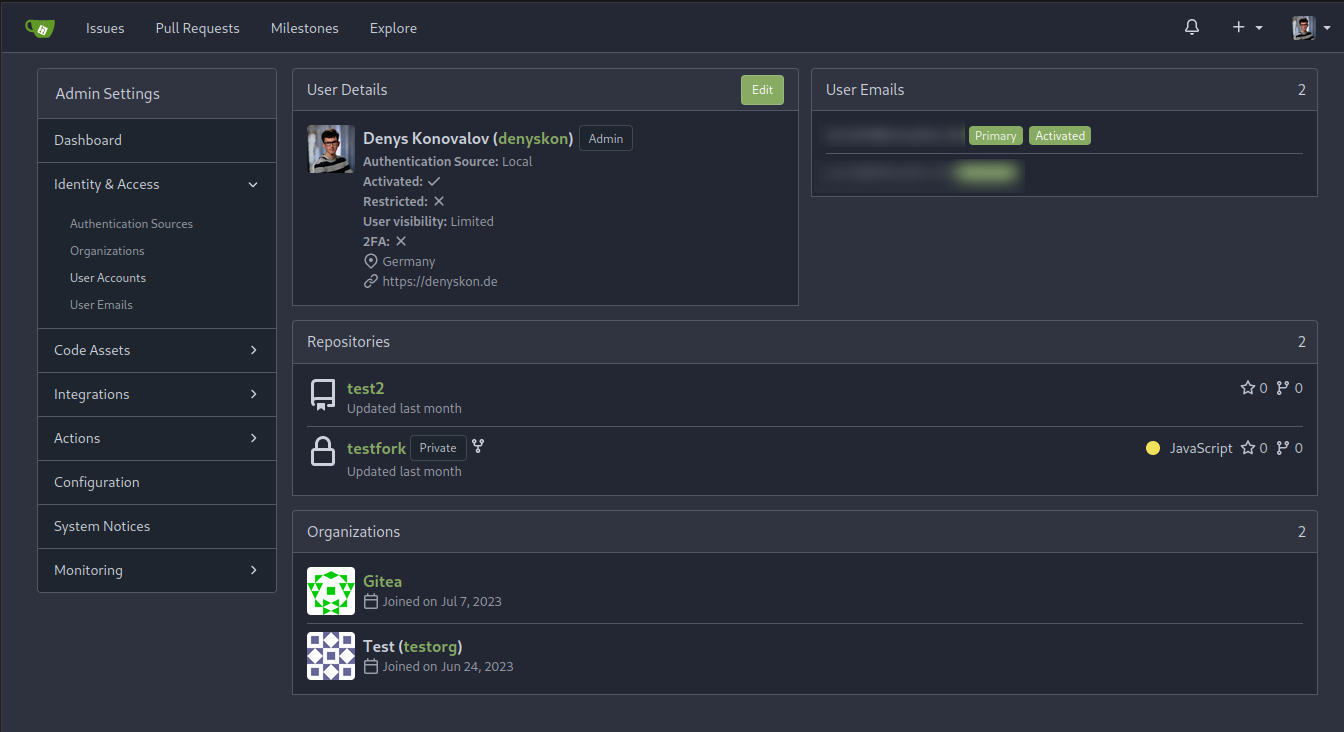 Screenshot of the user details page