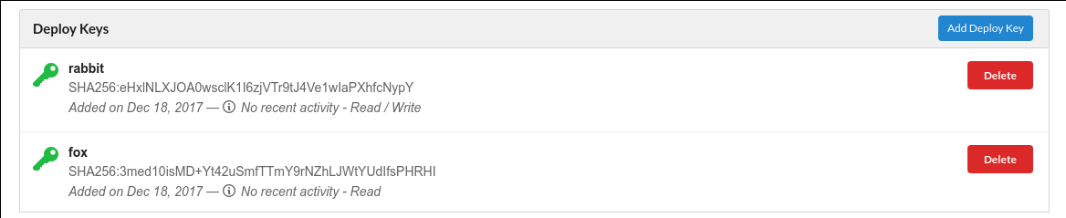 Screenshot showing a Read/Write deploy key and a Read deploy key
