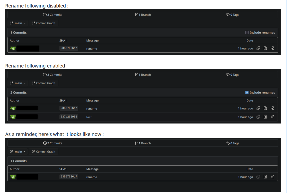 File commit history with "Include renames" enabled vs disabled