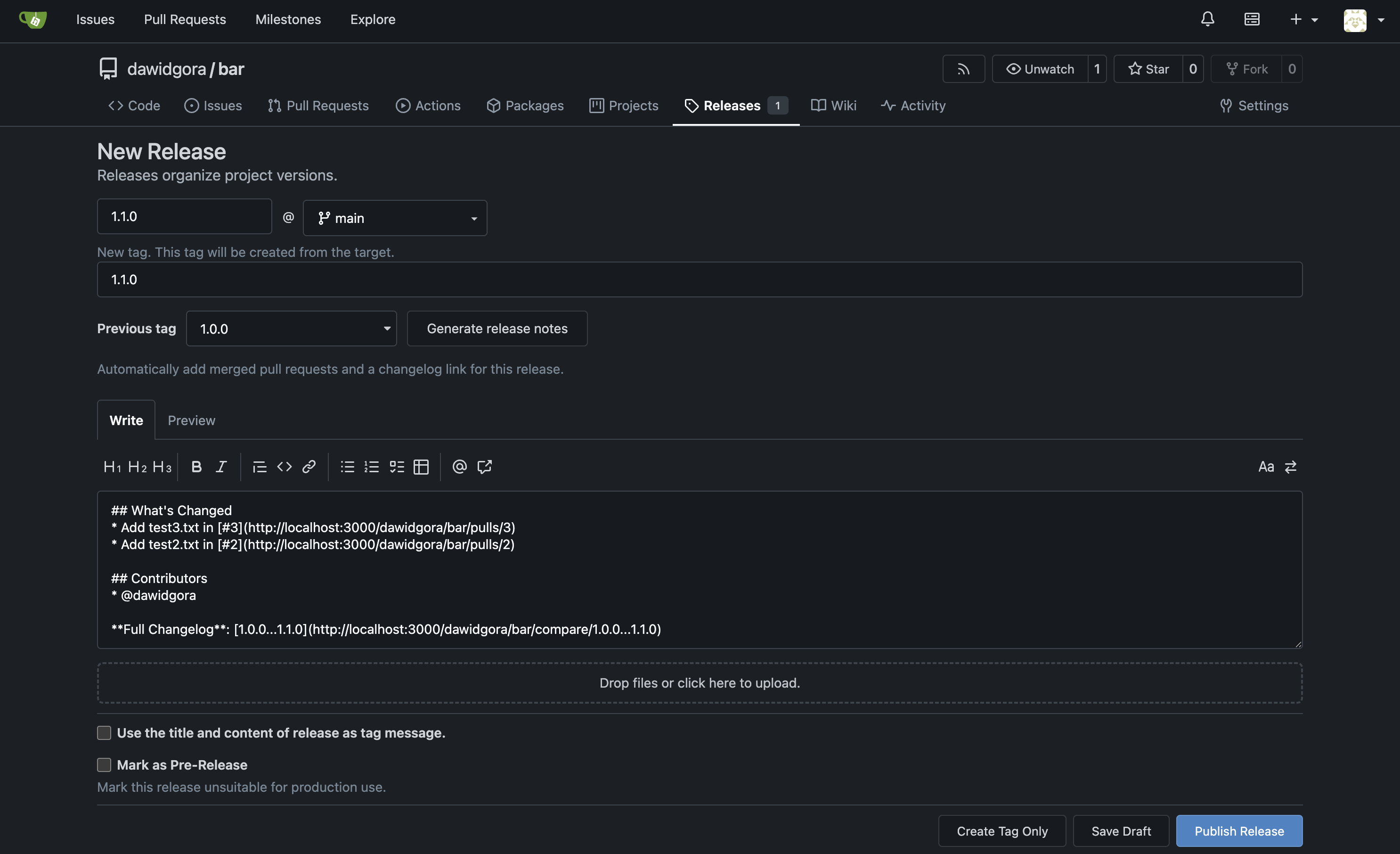 Automatic release notes in the release editor
