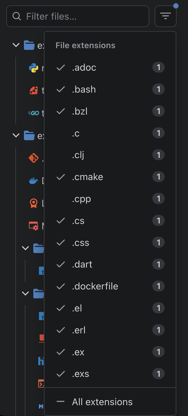 Diff sidebar with file search and extension filters