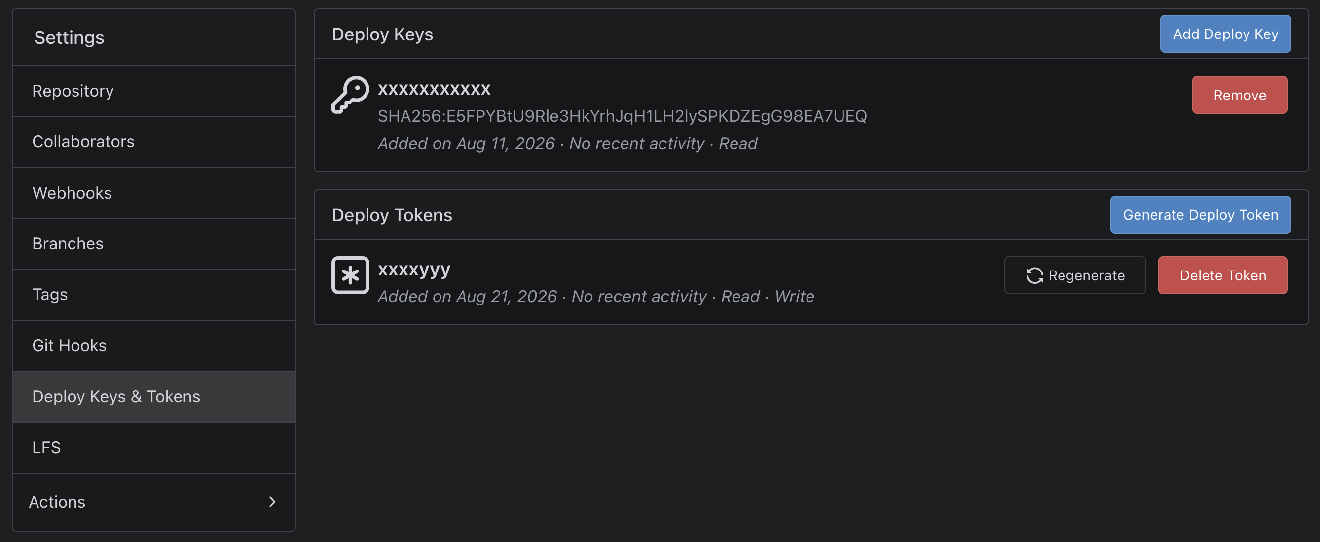 Repository deploy token settings