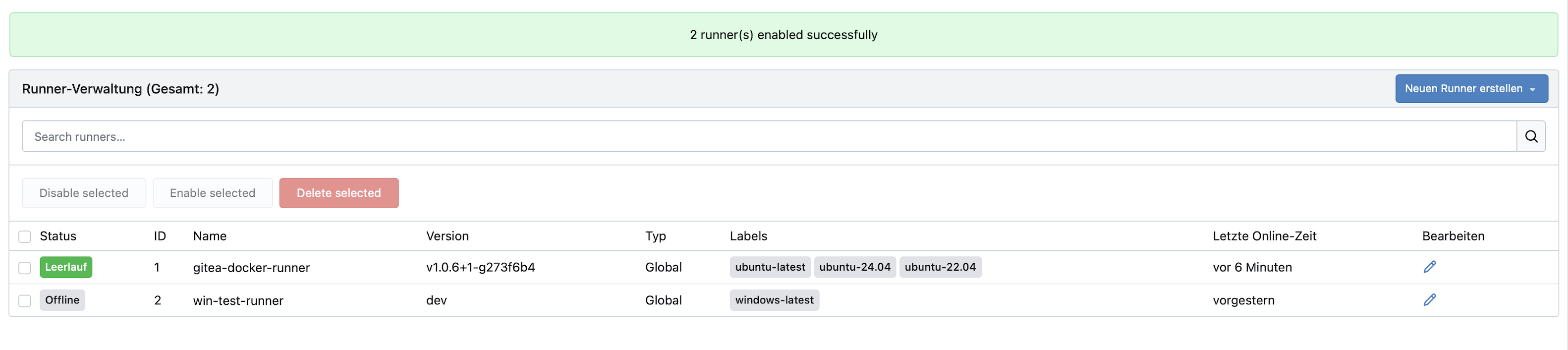Bulk disable, enable, and delete actions in the admin runners list