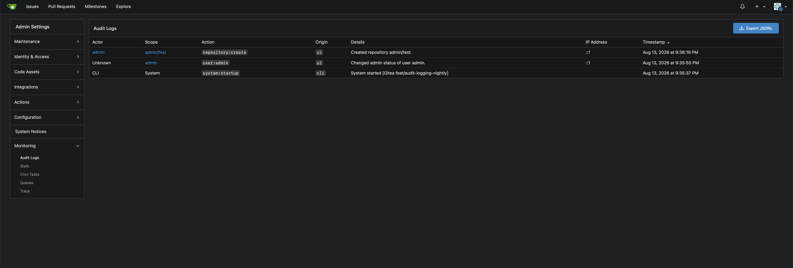 Audit log with event details