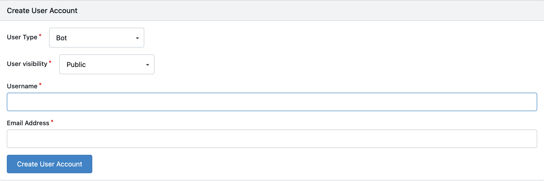 Creating a bot account in the administration interface