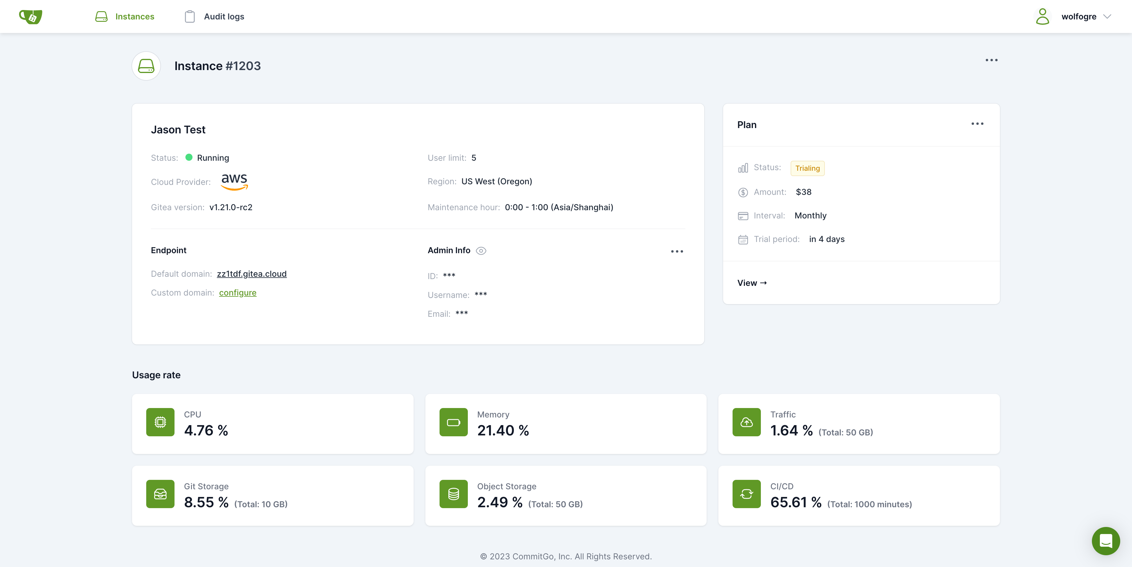 Screenshot of gitea cloud instance management dashboard showing details of subscription, and resources used by instance