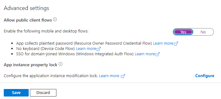 Azure screenshot showing what it is like to enable public client flows